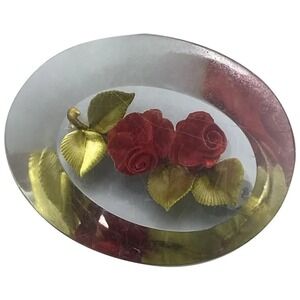 Reverse Carved Lucite Pin Red Roses Vintage Brooch Oval 2" Unsigned‎